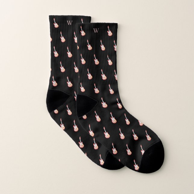 Red Electronic Guitar Music Monogram Initial Black Socks (Pair)