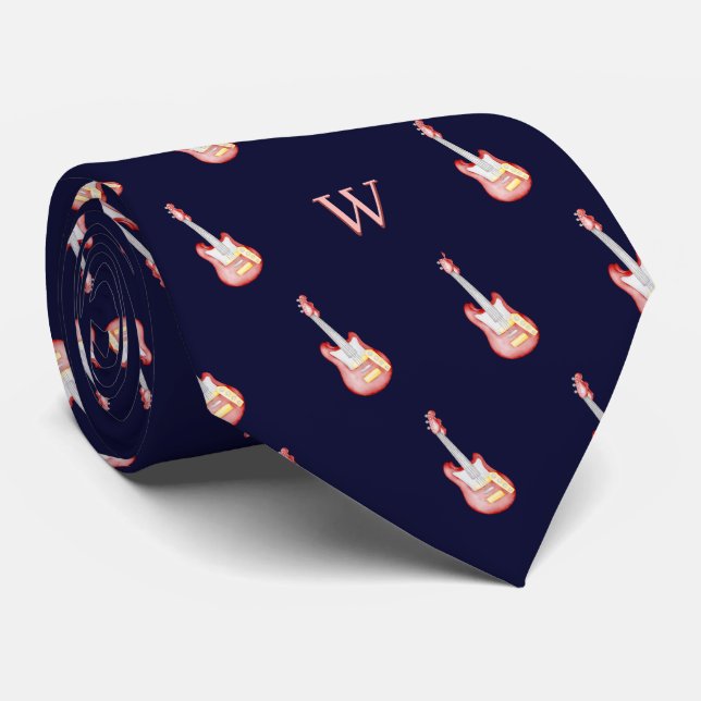Red Electronic Guitar Music Monogram Initial Blue Tie (Rolled)