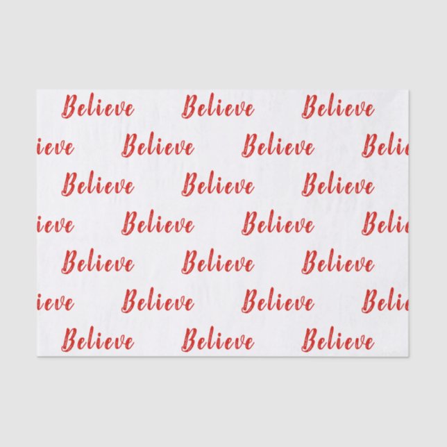 RED Elegant BELIEVE text on White Tissue Paper (Front)