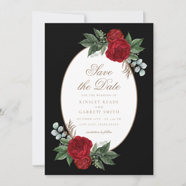 Red Elegant Black & Gold Wedding Save The Date (Front)
