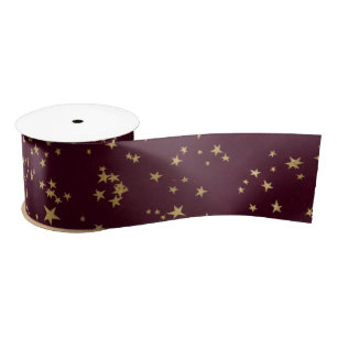 Red Elegant Celestial Starry Gold Stars Design Satin Ribbon
