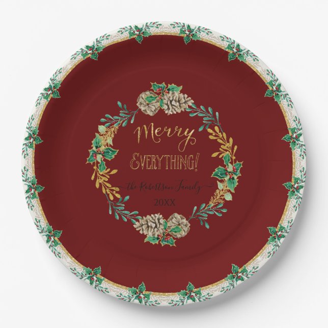 Red Elegant Christmas Holly Watercolor Gold Family Paper Plate (Front)