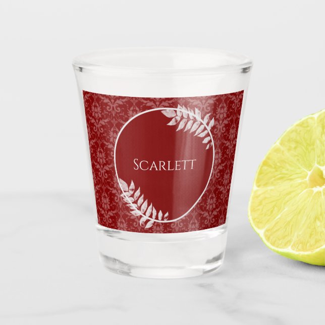 Red Elegant Damask Personalised Shot Glass (Front)