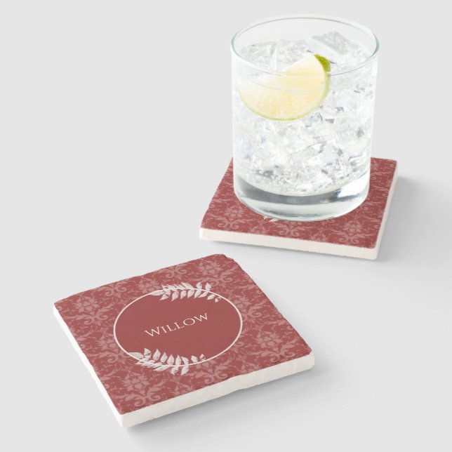 Red Elegant Damask Personalised Stone Coaster (Side)