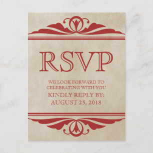 Red Elegant Deco RSVP Postcard