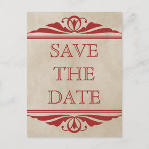 Red Elegant Deco Save the Date Postcard
