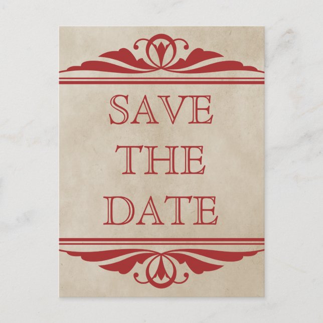 Red Elegant Deco Save the Date Postcard (Front)