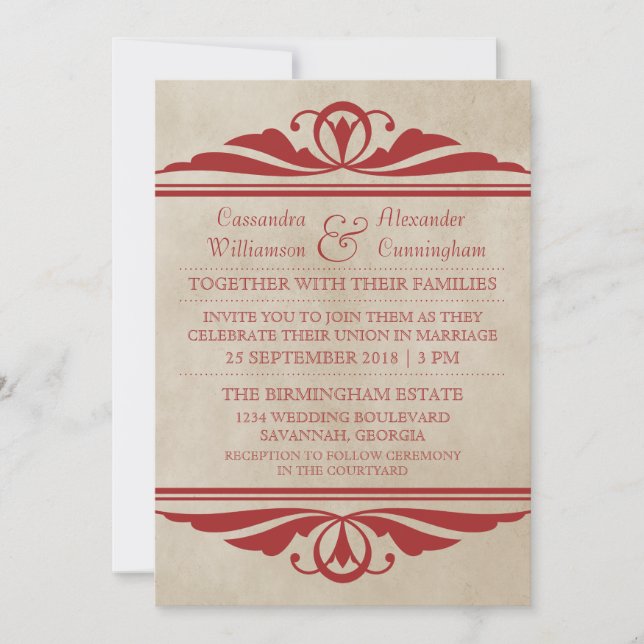 Red Elegant Deco Wedding Invite (Front)