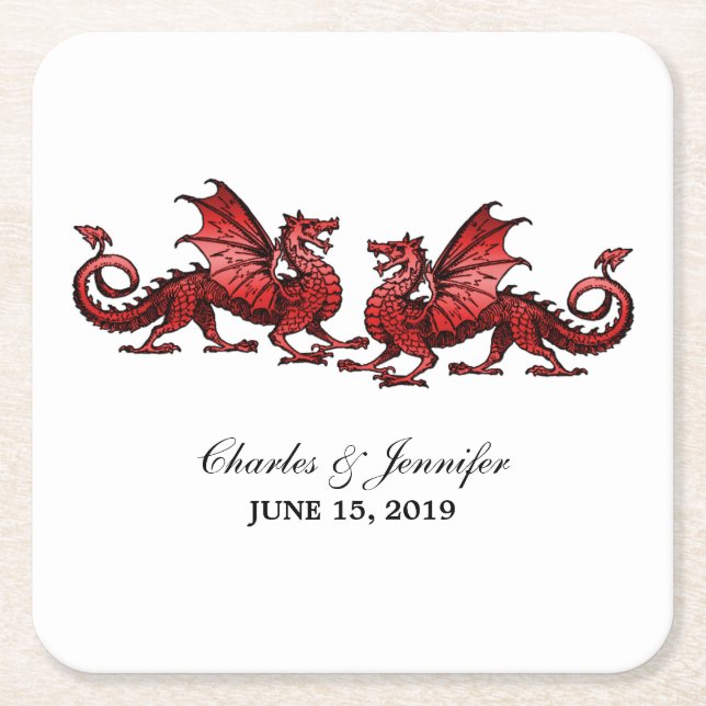 Red Elegant Dragons Wedding Paper Coasters (Front)