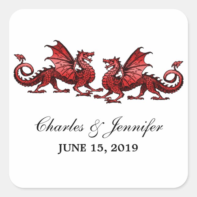 Red Elegant Dragons Wedding Stickers (Front)