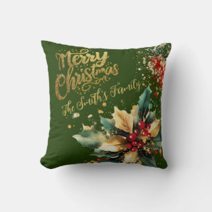 Red Elegant Family Gold Glitter Script Christmas Cushion