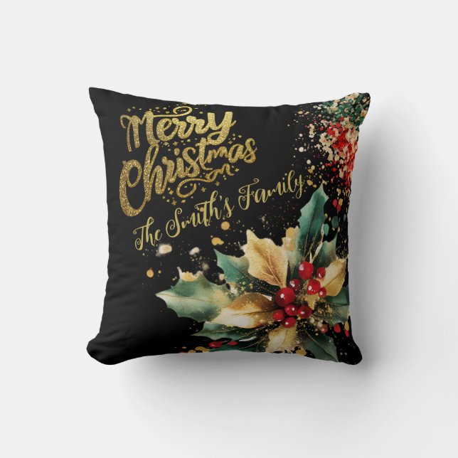 Red Elegant Family Gold Glitter Script Christmas  Cushion (Front)
