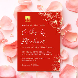 Red elegant floral Chinese wedding tea ceremony Invitation