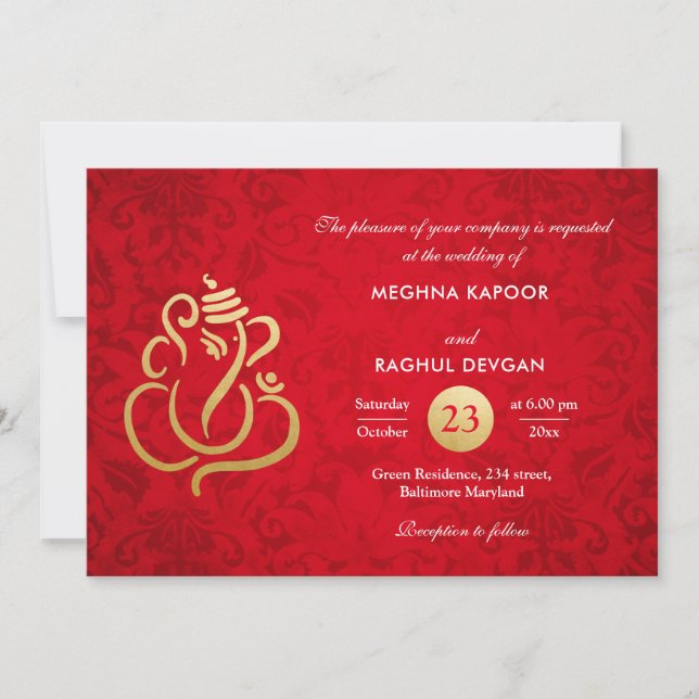 Red Elegant Gold Foil Ganesha Indian Damask  Invitation (Front)