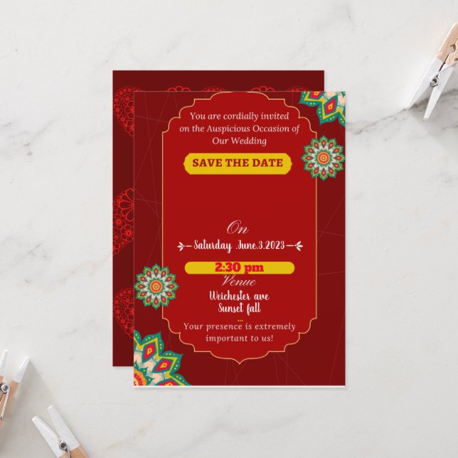 Red elegant Indian wedding ,save the date Invitation (Front/Back In Situ)