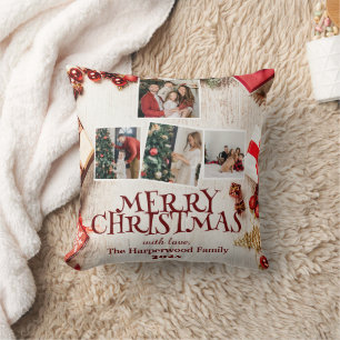 Red Elegant Merry Christmas  Family Photo Collage Cushion