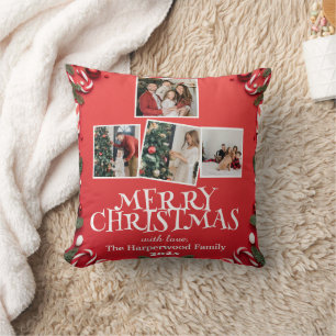 Red Elegant Merry Christmas  Family Photo Collage Cushion