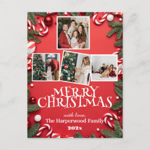 Red Elegant Merry Christmas  Family Photo Collage Holiday Postcard