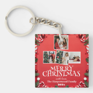 Red Elegant Merry Christmas  Family Photo Collage Key Ring