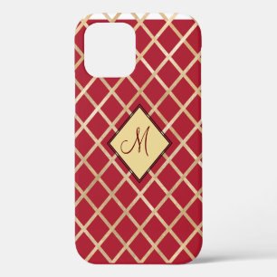 Red Elegant Monogram Gold Diamond Pattern iPhone 12 Case