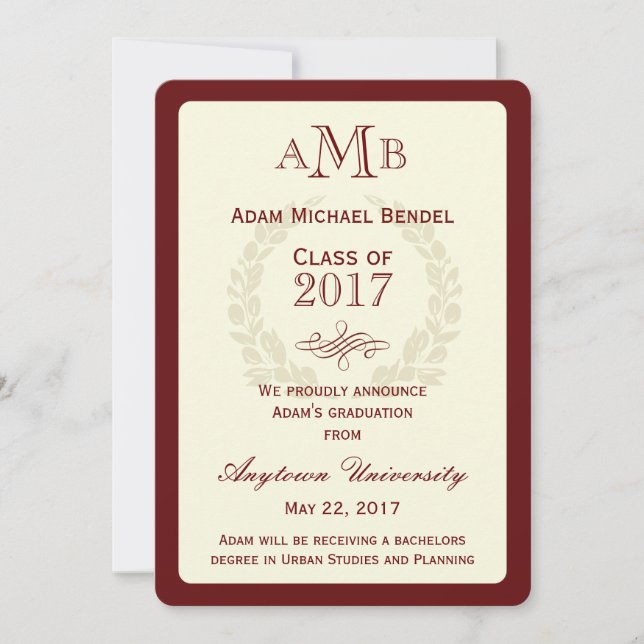 Red Elegant Monogram Graduation Announcement (Front)