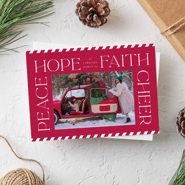 Red Elegant Peace Hope Faith Cheer Christmas Photo Holiday Card (Red Christmas photo card with elegant typography, peace, hope, faith and cheer)