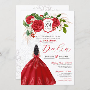 Red Elegant Roses Floral Crest Formal Quinceañera Invitation