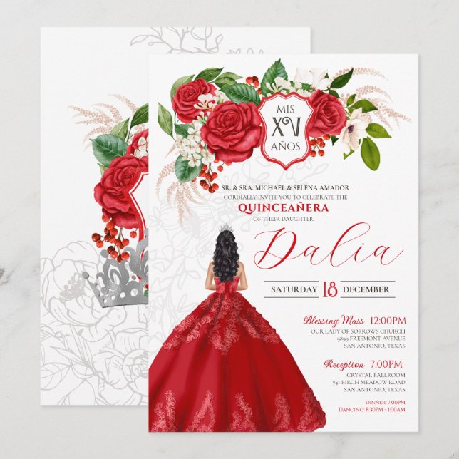 Red Elegant Roses Floral Crest Formal Quinceañera Invitation (Front/Back)