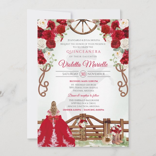 Red Elegant Rustic Western Charro Quinceanera V7 Invitation (Front)