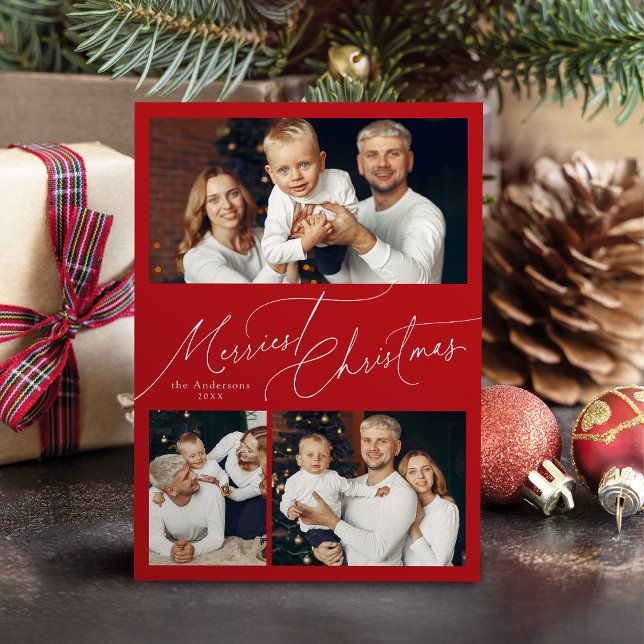 Red Elegant Script Merry Christmas Family 3 Photo Holiday Card (Red Elegant Script Merry Christmas Family 3 Photo Holiday Card)
