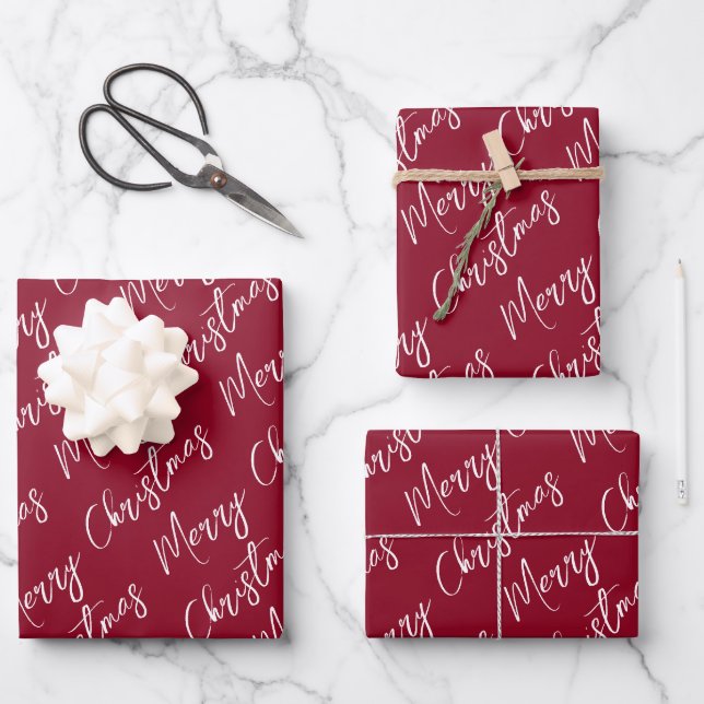 Red Elegant Script Merry Christmas Wrapping Paper Sheet (Front)
