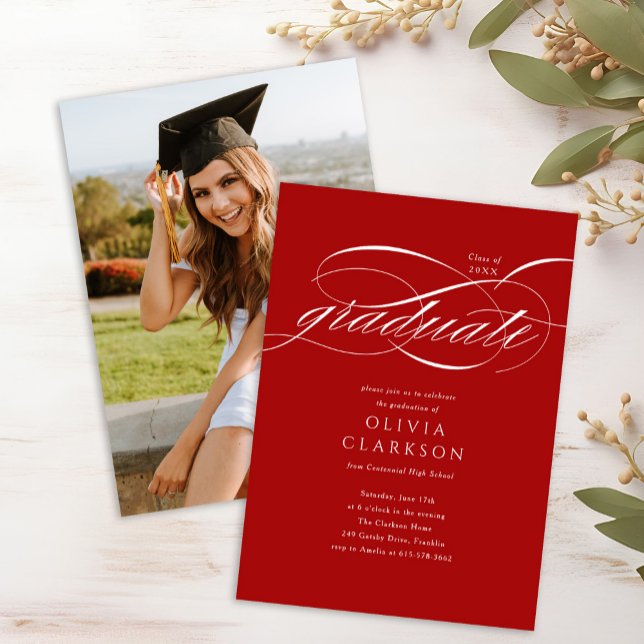 Red Elegant Script Photo Graduation Party Invitation (Creator Uploaded)
