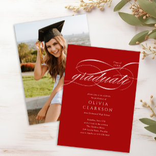 Red Elegant Script Photo Graduation Party Invitation