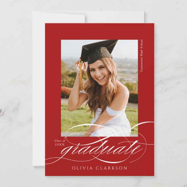 Red Elegant Script QR Code Photo Graduation Party Invitation (Front)
