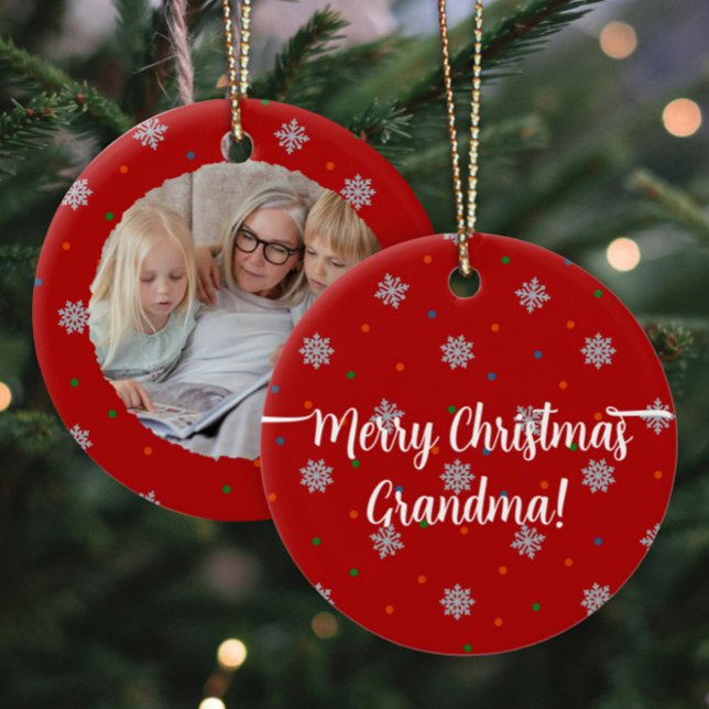 Red elegant snowflakes and dots custom photo ceramic tree decoration (Custom photo Christmas ornament in red with snowflakes and dots.)