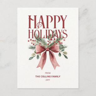 Red Elegant Watercolor Bow Rustic Happy Holidays Holiday Postcard