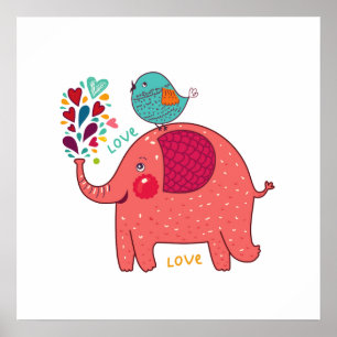 Red Elephant And Bird Poster