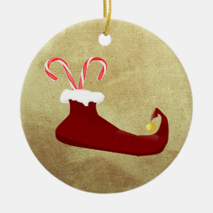 Red Elf Slipper with Candy Canes Ceramic Tree Decoration