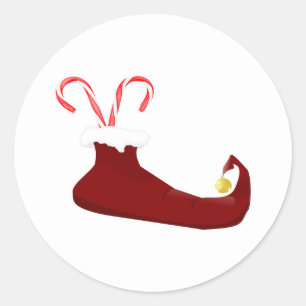 Red Elf Slipper with Candy Canes Round Sticker