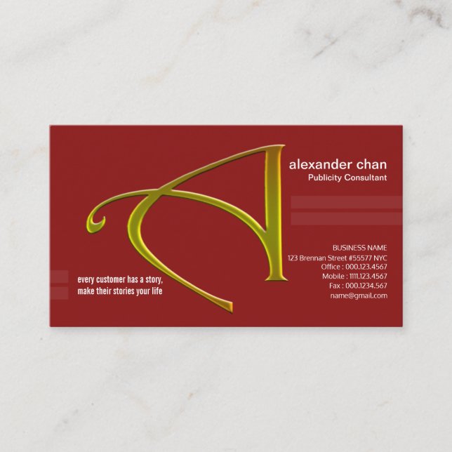 Red Emboss Gold Letter-A PR Business Card (Front)