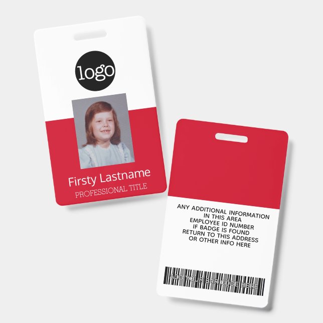 Red Employee - Photo, Bar Code, Logo, Name ID Badge (Front & Back)