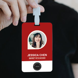 Red Employee Photo ID Card, Bar Code, Logo, Name Badge