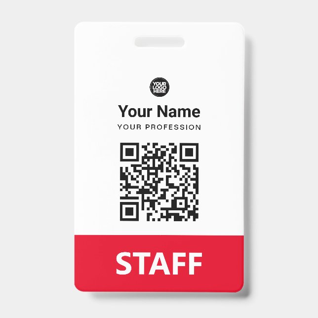 Red Employee Qr Code, Bar Code, Logo, Name ID Badge (Front)