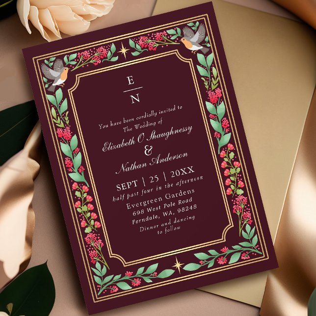 Red Enchanting Botanical Floral Garden Wedding Invitation (Creator Uploaded)