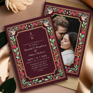 Red Enchanting Botanical Garden Wedding Photo Invitation