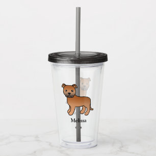 Red English Staffie Cute Cartoon Dog & Name Acrylic Tumbler
