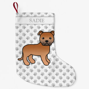 Red English Staffie Cute Cartoon Dog & Name Small Christmas Stocking