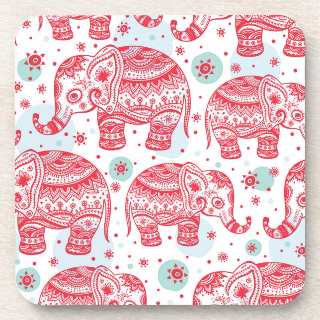 Red Ethnic Elephant Pattern Coaster (Front)