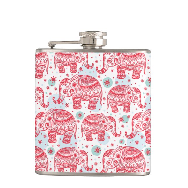 Red Ethnic Elephant Pattern Hip Flask (Front)