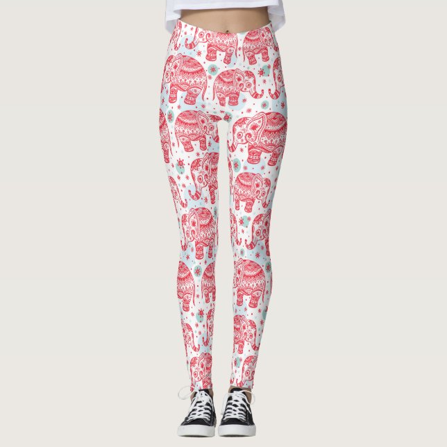 Red Ethnic Elephant Pattern Leggings (Front)